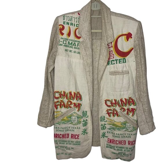 Mens Blazer Size Medium Tan Upcycled Burlap Rice Bag Pockets Open Front - Picture 1 of 10